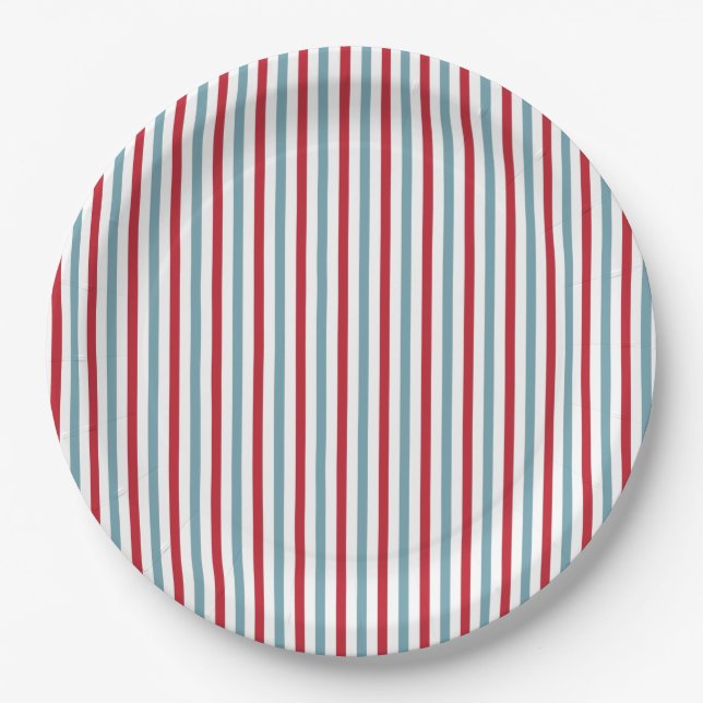 Red White and Blue Patriotic Stripe Pattern Paper Plates (Front)