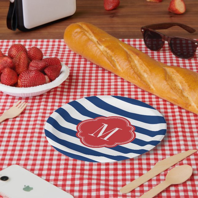 Red White and Blue Patriotic Stripes Monogram Paper Plates (Picnic)