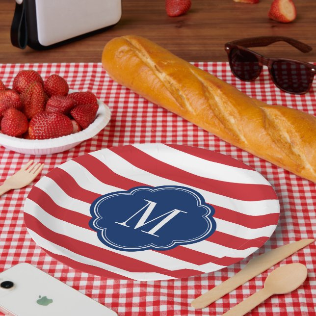 Red White and Blue Patriotic Stripes Monogram Paper Plates (Picnic)