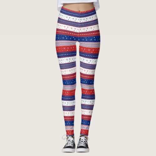 Red white and blue patriotic stripes pattern leggings