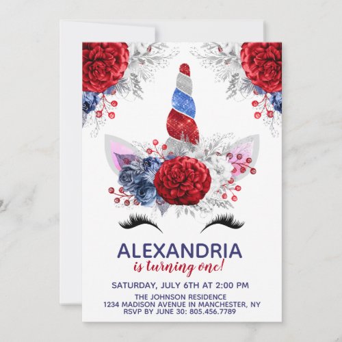 Red White and Blue Patriotic Unicorn Birthday Invitation