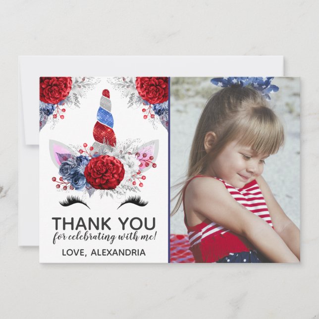 Red, White and Blue Patriotic Unicorn Thank You Invitation (Front)