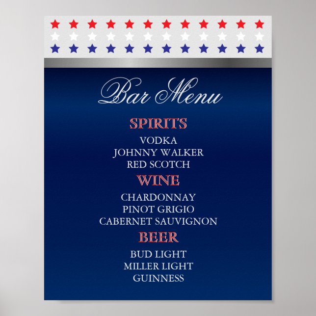 Red, White and Blue Patriotic Wedding - Bar Menu Poster (Front)