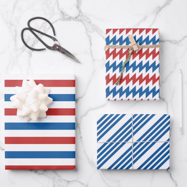 Red White and Blue Patterned Wrapping Paper Sheets (Front)