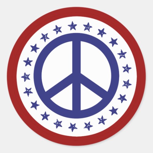 Red White and Blue Peace Sign and Stars Classic Round Sticker