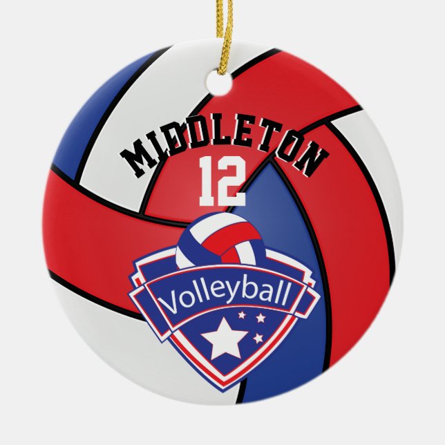 🏐 Red, White and Blue Personalize Volleyball Ceramic Ornament (Front)