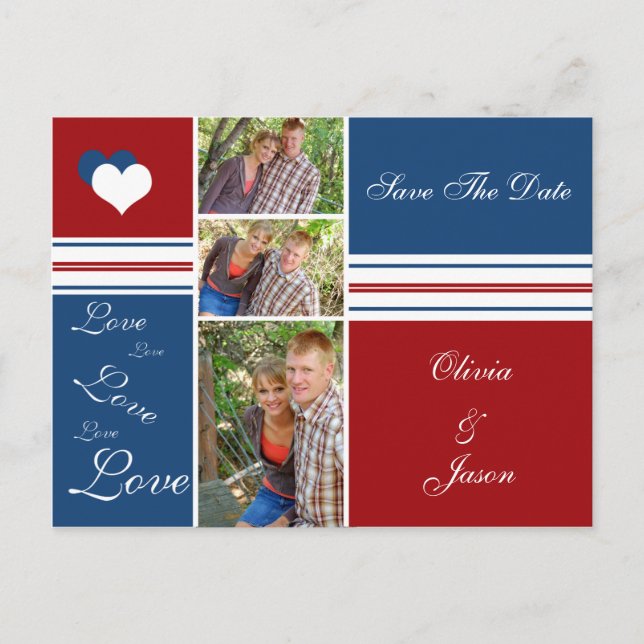 Red White and Blue Photo Squares Save The Date Announcement Postcard (Front)
