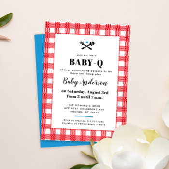 Red White And Blue Plaid Baby-q Shower Invitation by 2BirdStone at Zazzle