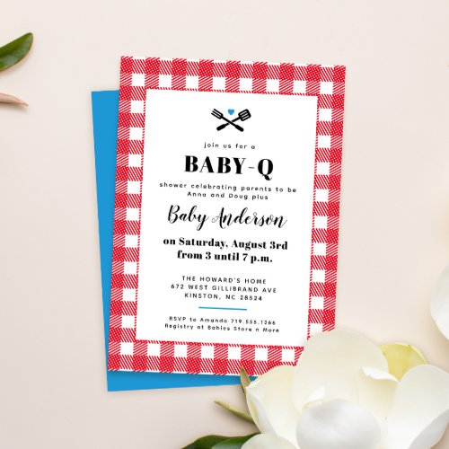 Red White and Blue Plaid Baby_Q Shower Invitation
