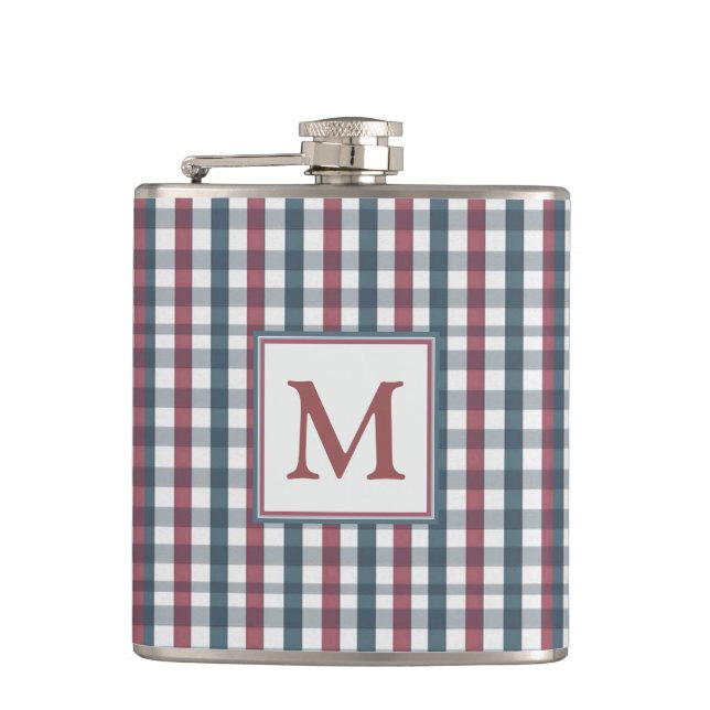 Red, White and Blue Plaid Monogram Flask (Front)