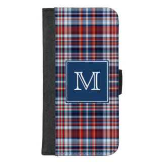 Red White and Blue Plaid Monogram iPhone 8/7 Plus Wallet Case