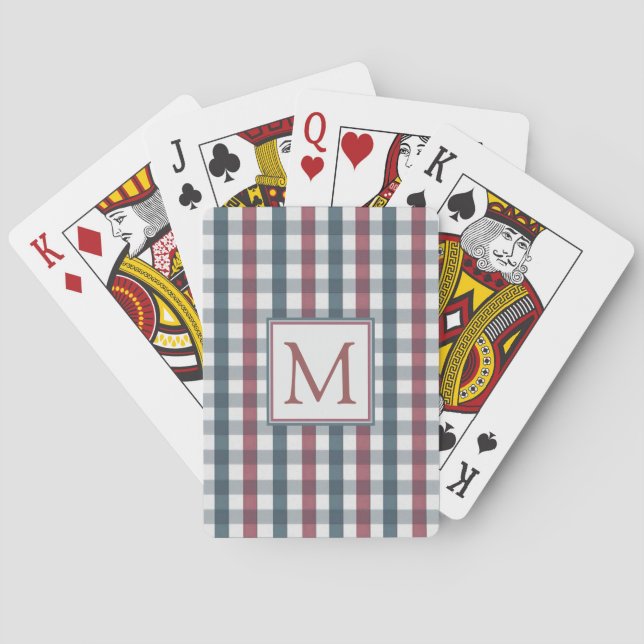 Red, White and Blue Plaid Monogram Poker Cards (Back)