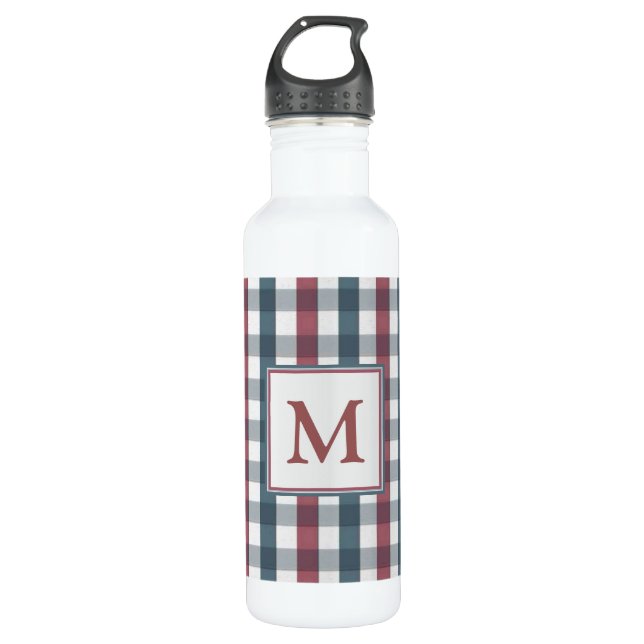 Red, White and Blue Plaid Monogram Stainless Steel Water Bottle (Front)