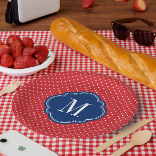Red White and Blue Polka Dots Monogram Paper Plates