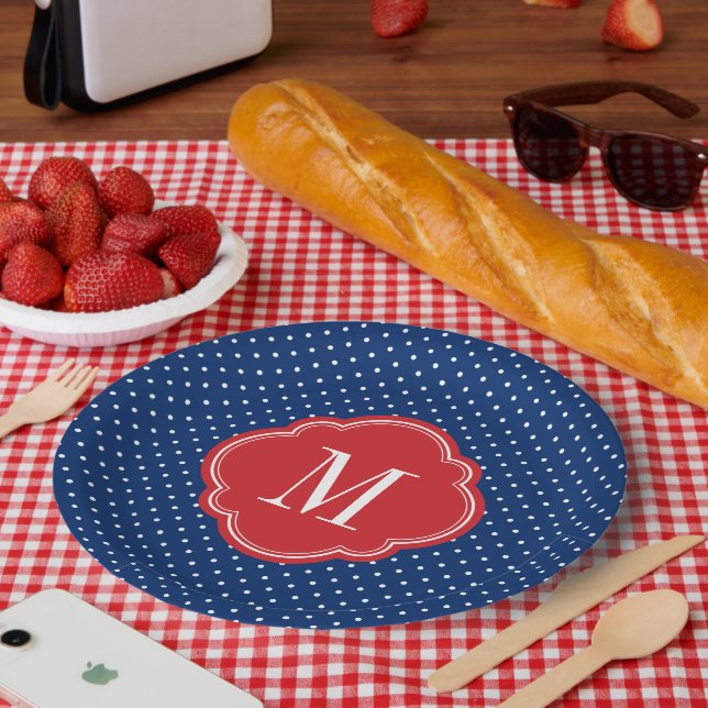 Red White and Blue Polka Dots Monogram Paper Plates (Picnic)