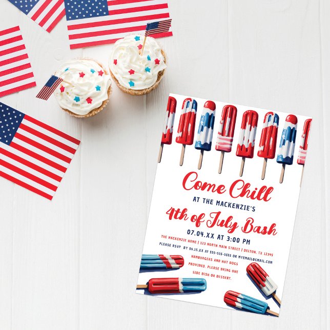 Red White and Blue Popsicle Come Chill 4th of July Invitation (Creator Uploaded)