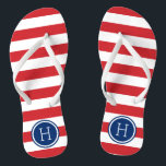 Red White and Blue Preppy Stripes Monogram Flip Flops<br><div class="desc">Custom printed flip flop sandals with a preppy nautical stripe pattern and your custom monogram or other text in a circle frame. Click Customize It to change text fonts and colors or add your own images to create a unique one of a kind design!</div>