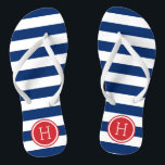 Red White and Blue Preppy Stripes Monogram Flip Flops<br><div class="desc">Custom printed flip flop sandals with a preppy nautical stripe pattern and your custom monogram or other text in a circle frame. Click Customize It to change text fonts and colors or add your own images to create a unique one of a kind design!</div>