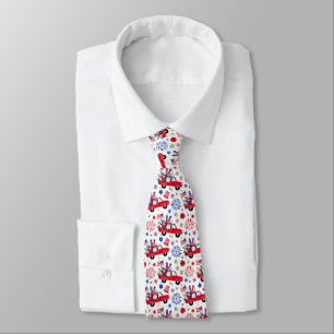 Red White and Blue Red Truck July 4th Single Print Neck Tie