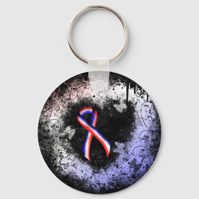 Red, White and Blue Ribbon Grunge Heart Keychain (Front)