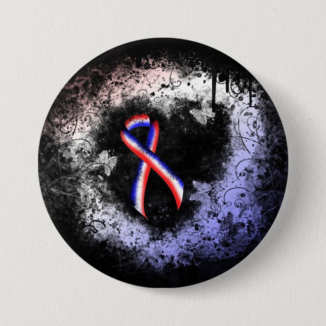 Red, White and Blue Ribbon Grunge Heart Pinback Button (Front)
