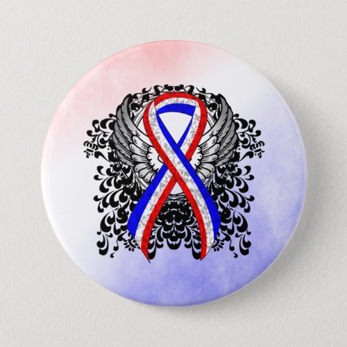 Red White and Blue Ribbon with Wings Pinback Button