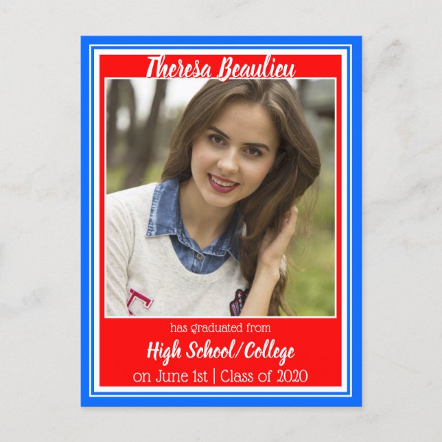 Red White and Blue School Colors Photo Graduation Announcement Postcard (Front)