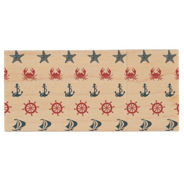 Red White And Blue Sea Symbol Pattern Wood Flash Drive (Front)