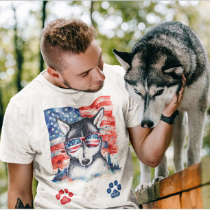 Red White and Blue Siberian Husky Dog 4th of July T-Shirt
