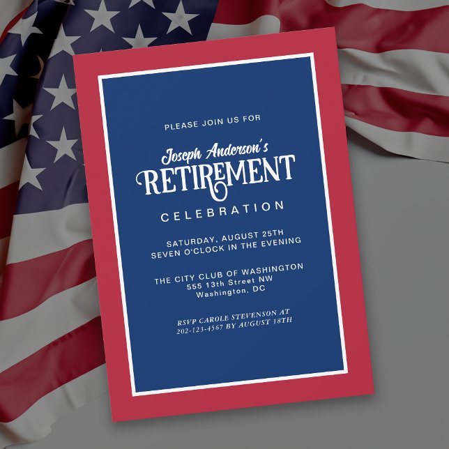 Red White and Blue Simple Elegant Retirement Party Invitation (Available as printed or paperless digital download!)