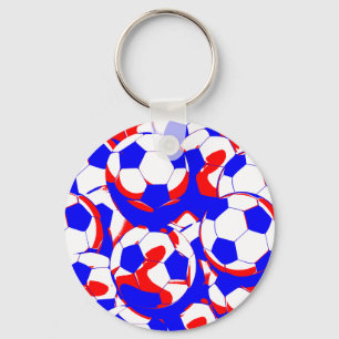 Red White and Blue Soccer Balls Abstract Keychain