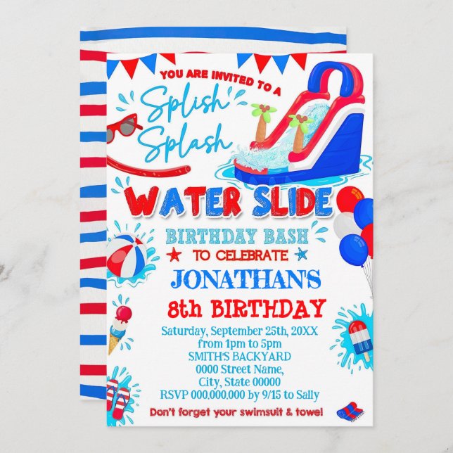 Red White and Blue Splish Splash Waterslide Birthd Invitation (Front/Back)