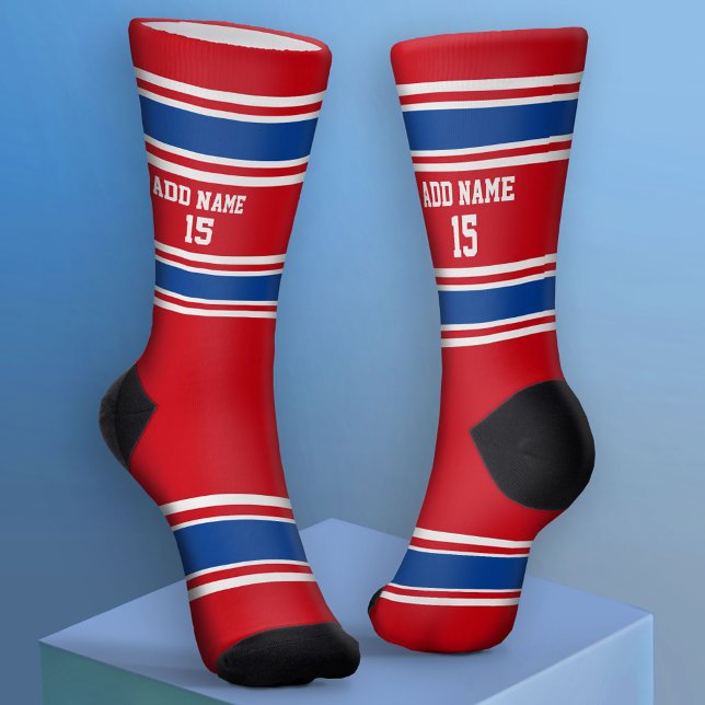 Red White and Blue Sport Jersey - Name Number Socks (Custom Sport Socks - Add Jersey Name and Number)