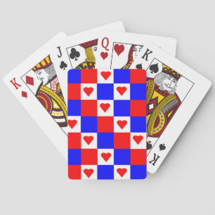 Red, White and Blue Squares with Red Hearts Poker Cards