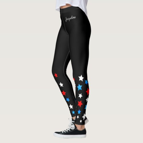 Red White and Blue Stars Add Your Name on BLACK Leggings