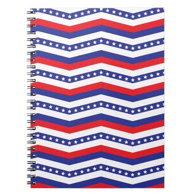 Red White and Blue Stars and Stripes Chevron Notebook (Front)