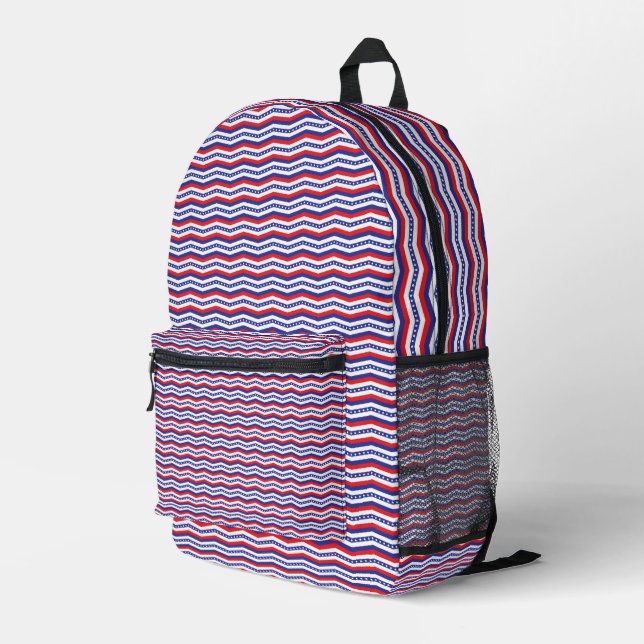 Red White and Blue Stars and Stripes Chevron Printed Backpack (Back Corner Right)