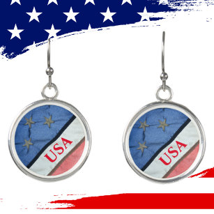 Red White and Blue Stars and Stripes USA Flag Drop Earrings