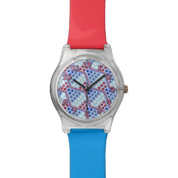 Red White And Blue Stars And Zigzag Stripe Pattern Wrist Watch by FancyCelebration at Zazzle
