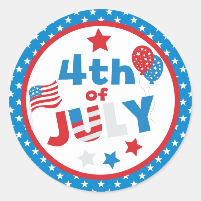 Red, White and Blue Stars & Flag Fourth July Classic Round Sticker (Front)