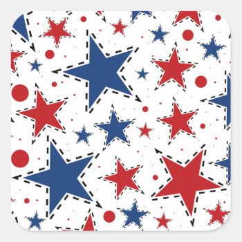 Red  White And Blue Stars Print Pattern Square Sticker by Redgeez_Corner at Zazzle
