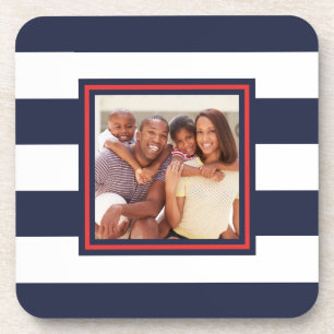 Red, White, and Blue Stripe Pattern with Photo Beverage Coaster