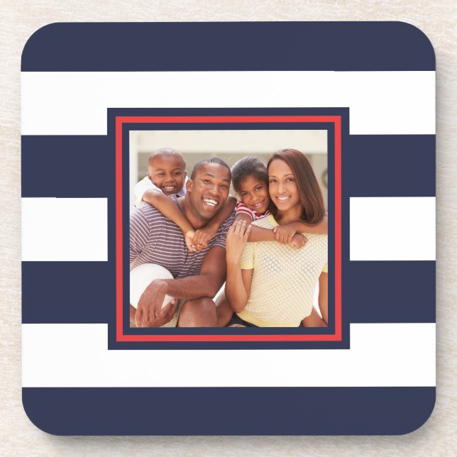 Red, White, and Blue Stripe Pattern with Photo Beverage Coaster (Front)