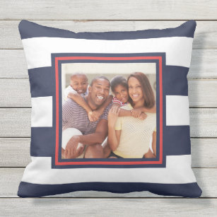 Red, White, and Blue Stripe Pattern with Photo Outdoor Pillow