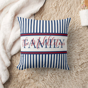 Red White and Blue Stripe Personalized Family Throw Pillow