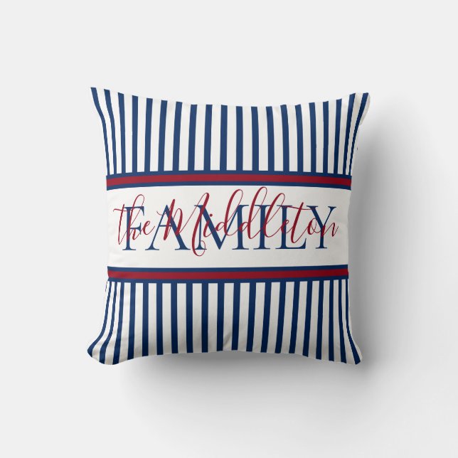 Red White and Blue Stripe Personalized Family Throw Pillow (Front)