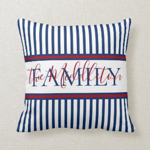 Red White and Blue Stripe Personalized Family Throw Pillow