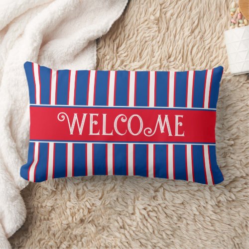 Red White and Blue Stripe Welcome Lumbar Pillow