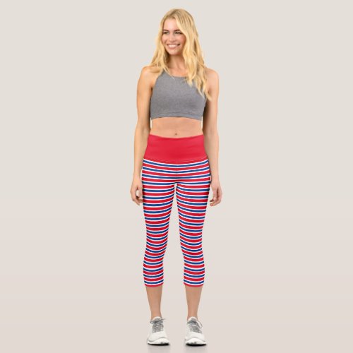 Red White and Blue Striped Pattern Capri Leggings