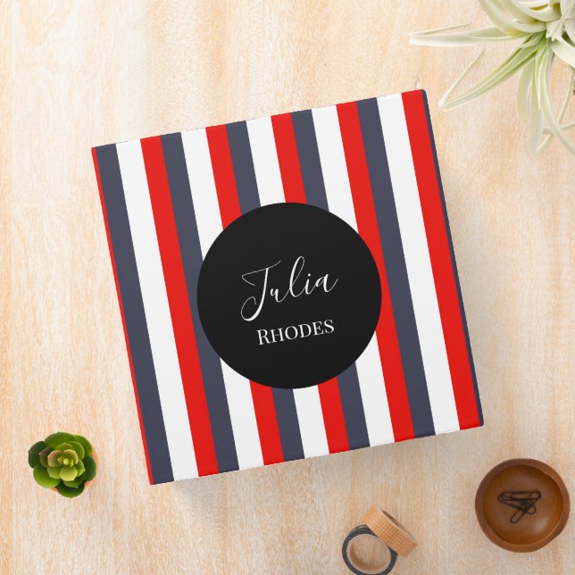 Red, white and blue stripes custom name 3 ring binder (In Situ)